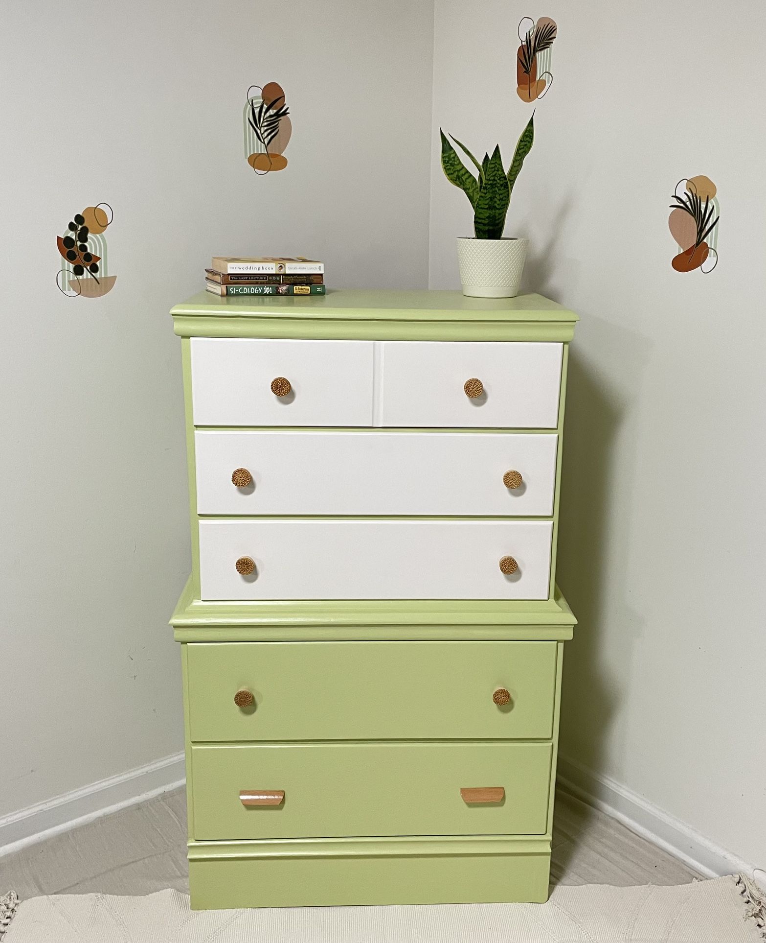 Boho Chic Tall 5 Drawer Dresser In Antique Green And White