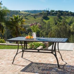 67" x 38" Outdoor Bronze Cast Aluminum Rectangular Dining Table w/ Umbrella Hole [NEW] <Retails for $558>_**Assembly Req