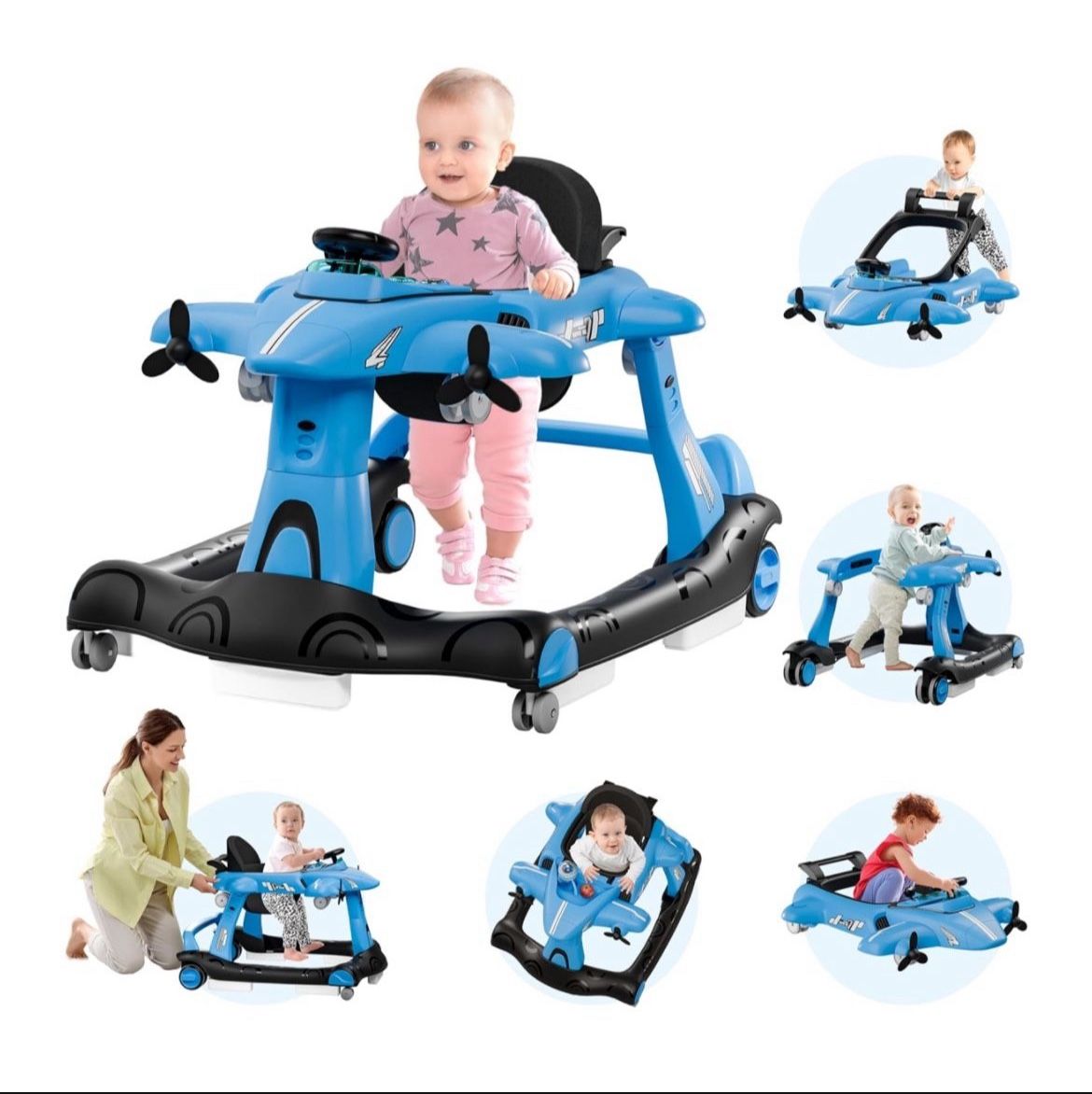 6-in-1 Baby Walker with Adjustable Speed Wheels, Adjustable Height Activity Walker with Padded Seat, Foldable Walker for Babies 6-12 Months, Toddler P