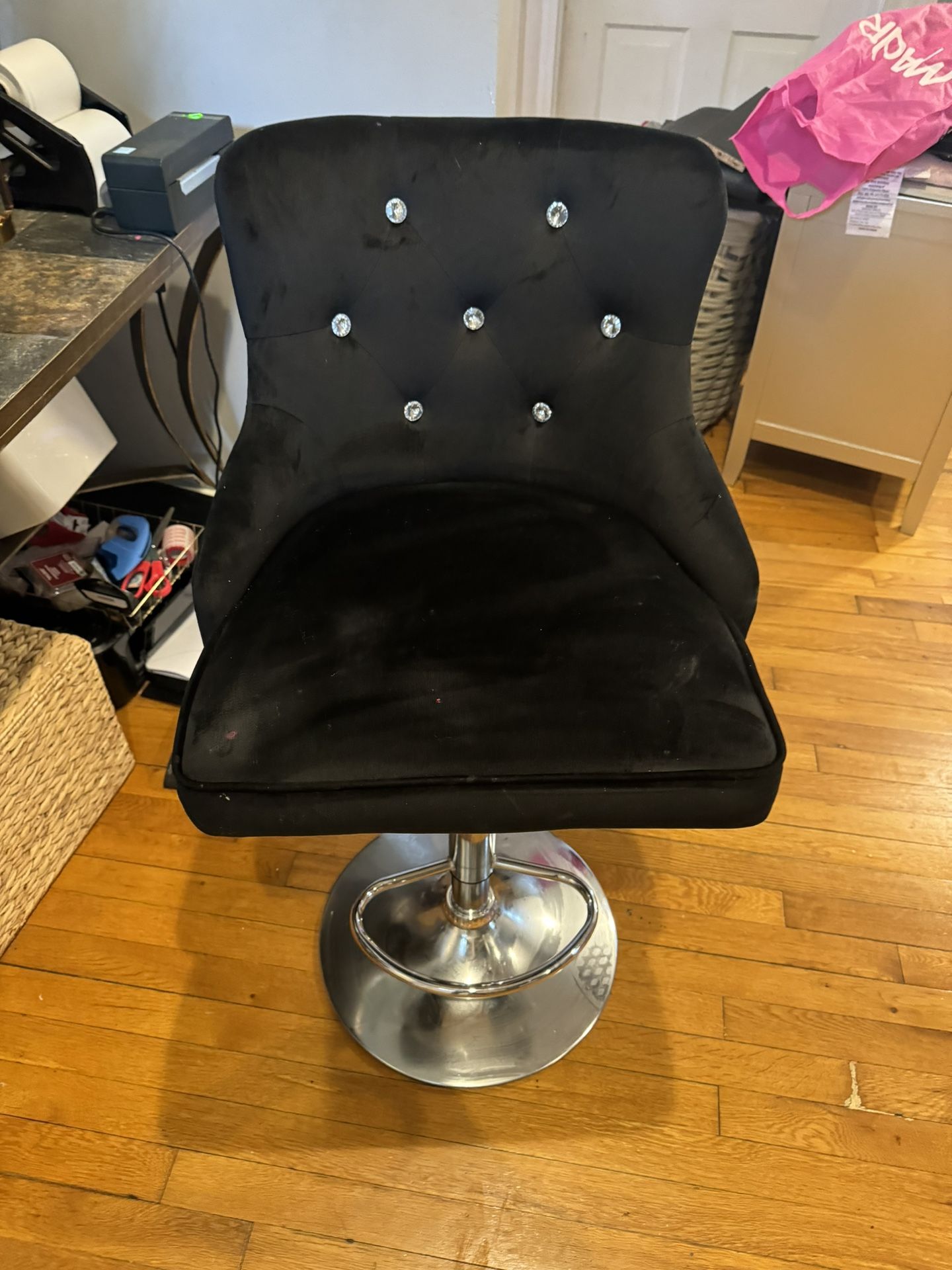 BEBE Black Crystal Velvet Tufted Vanity Stool