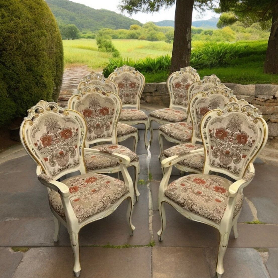 Rococo Vintage French Italian Floral Wood Chenille 8 Dining Chairs