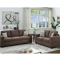 Elegant yet simple 2 piece sofa set perfect choice for ur beautiful home! Soft fabric. Comes in Brown Color Firm Price $680 Financing Available 