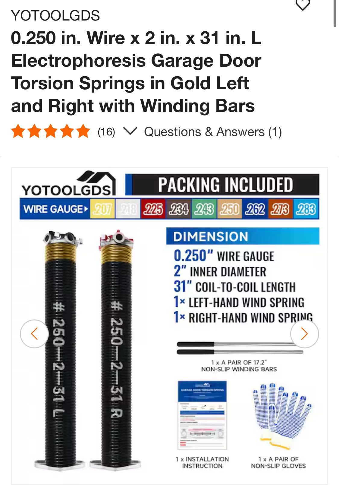 New In Box GARAGE DOORS TORSION SPRINGs In GOLD Left And Right With Winding Bars