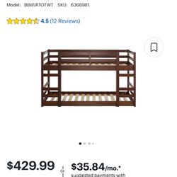 Bunk Bed - Walker Edison - Solid Wood Low Twin over Twin Bunk Bed - Walnut