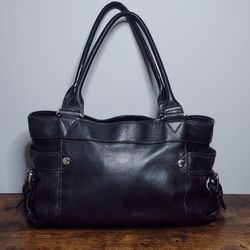 Vintage Fossil Black Leather Multi-Pocket Shoulder Bag Y2K Satchel Top Stitch