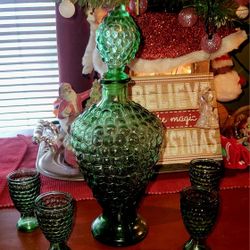 Vintage green grape bubble glass decanter set