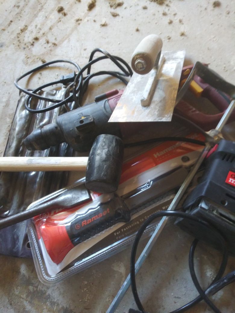 Roto hammer, palm sander, bids, concrete gun, mixer tool, finishing trowel, plastic hammer