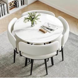 Round Marble-Top Dining Table with 4 Chairs