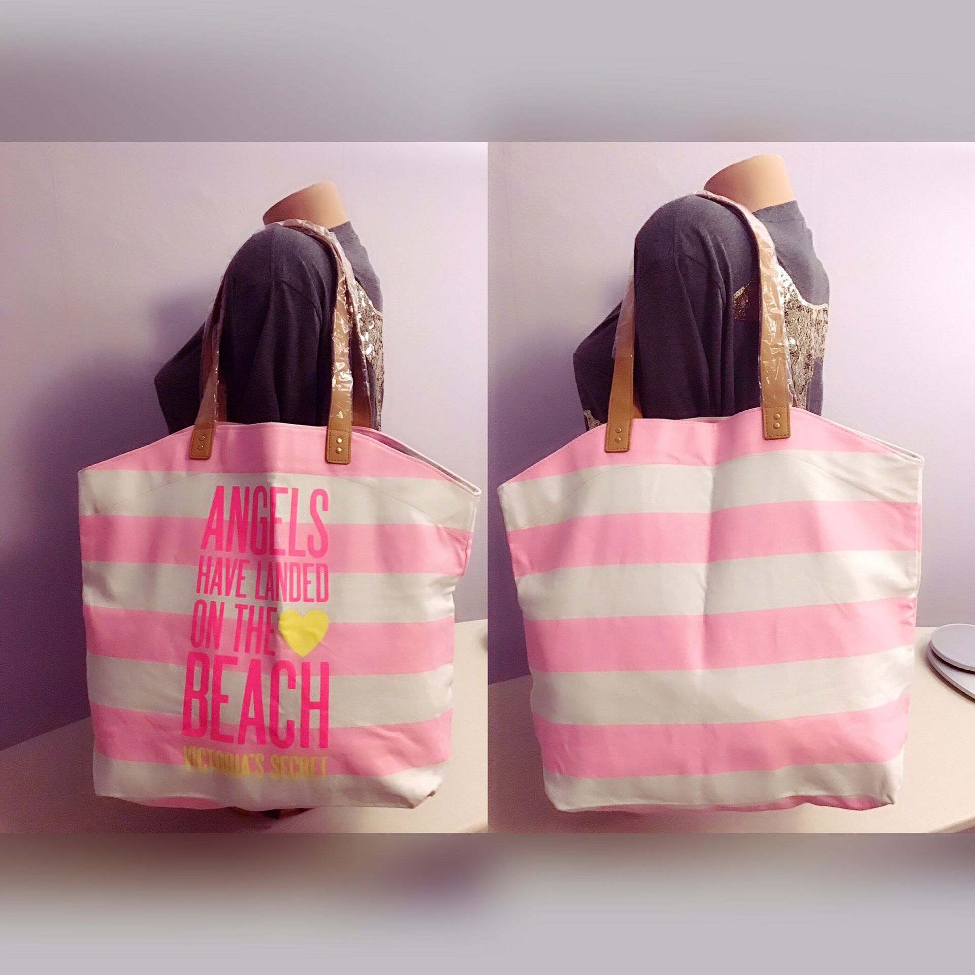 Victoria’s Secret VS pink stripe beach bag shopper weekender tote $25 NEW