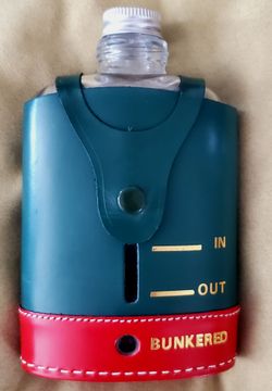 Vintage English Hide Leather Glass Hip Flask - Golf "Bunkered" Novelty Theme