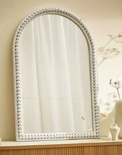 New 24"x36" Arched Wall Mirror WHITE Wooden Beads Framed Decorative Accent Mirror