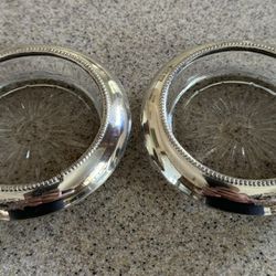 Vintage Frank M Whiting & Co. Sterling Silver 04 Crystal Coaster Dish Ashtray Set Of 2