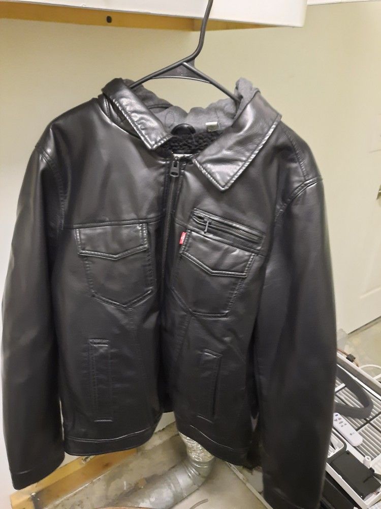 Hooded Levi's Imitation Leather Jacket Black Large