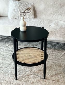 Black Rattan Round Side Table With Storage Shelf