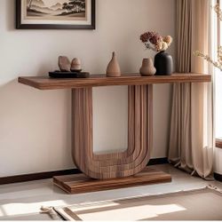 Brown. Entryway Table, Wood Console Table with Geometric Base