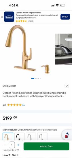 Gerber Pilsen 1H Pull-Down Kitchen Faucet w/ SnapBack Retraction 1.75gpm SpotArmor Brushed Gold