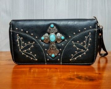 Wristlet Style Wallet W/Zipper Closure /Studded W/Turquiose Cross