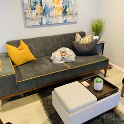 Blue Sofa/Sleeper With Yellow Trims With Side Book Case