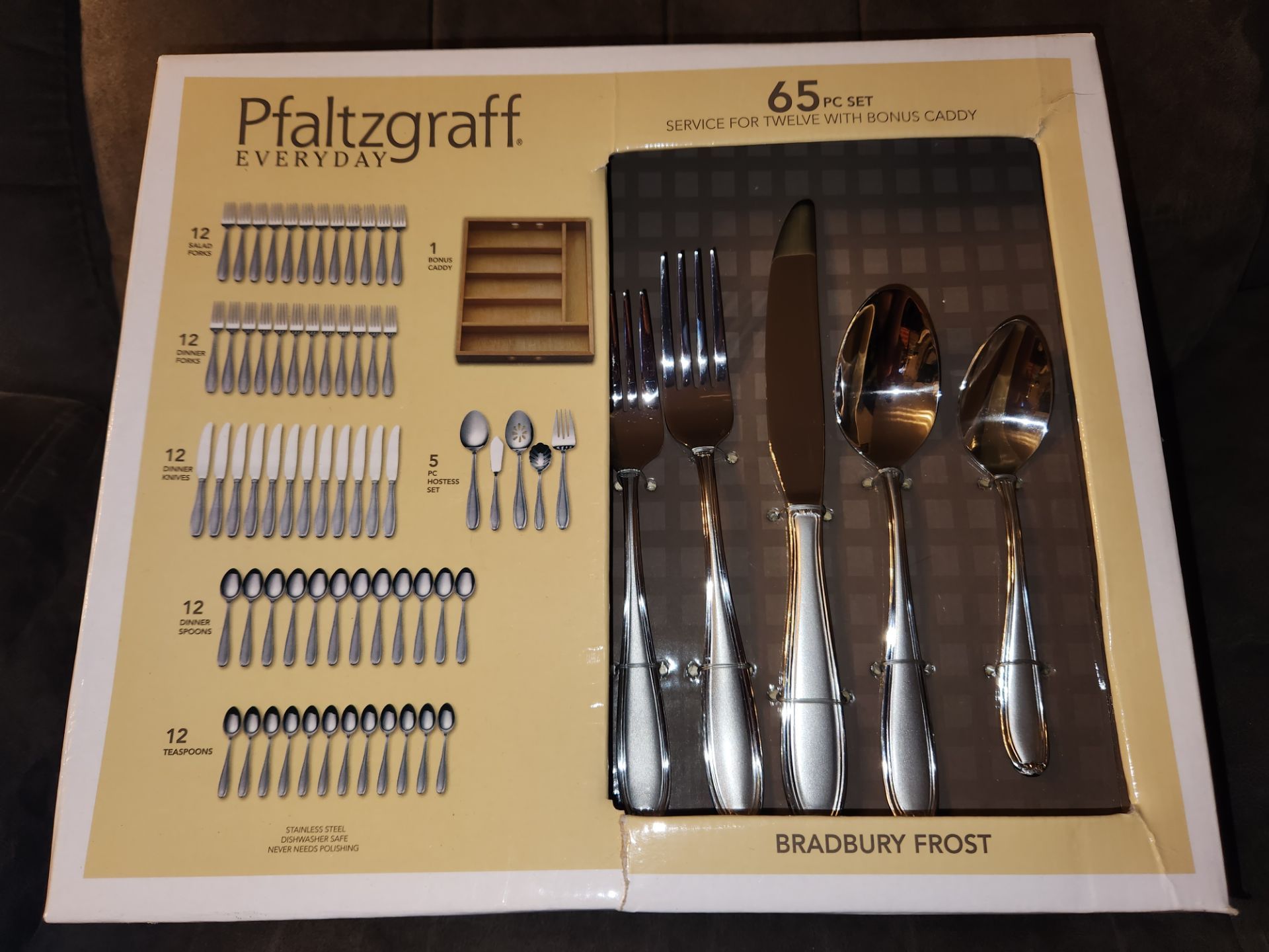 Pfaltzgraff Silverware 65 pc Stainless Steel Set Serves 12 w/ Bonus Caddy