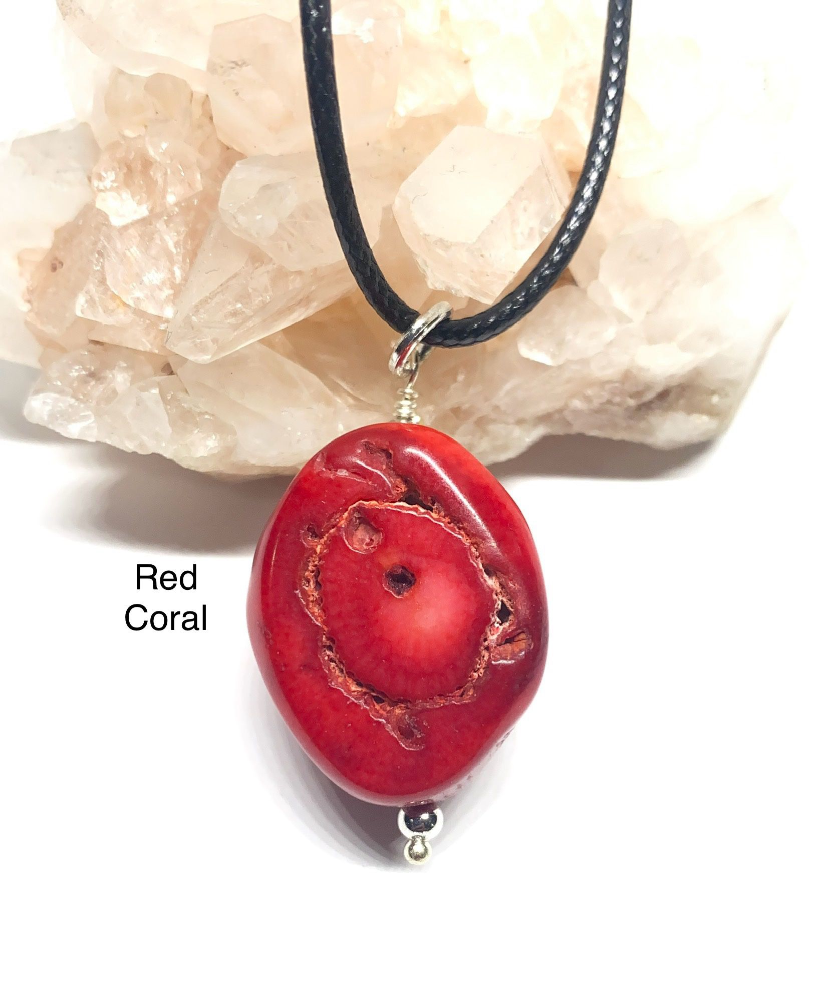 Red Genuine Coral Pendant Necklace with Black Leather Cord