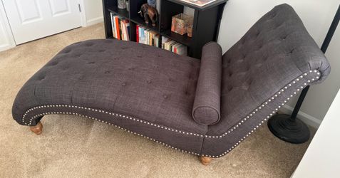 Charcoal Gray Tufted Chaise Lounge with Silver Nailhead Trim