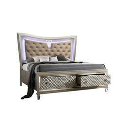 GLAM CHAMPAGNE FINISH LED LIGHT FOOTBOARD DRAWERS QUEEN SIZE BED FRAME - CAMA LUZ CAJONES