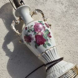 Lamp Vintage Antique Porcelain Table Lamp 1930s Boudoir Desk Lamp Roses Hand Painted Gold Trim Floral Flowers Light Fixture