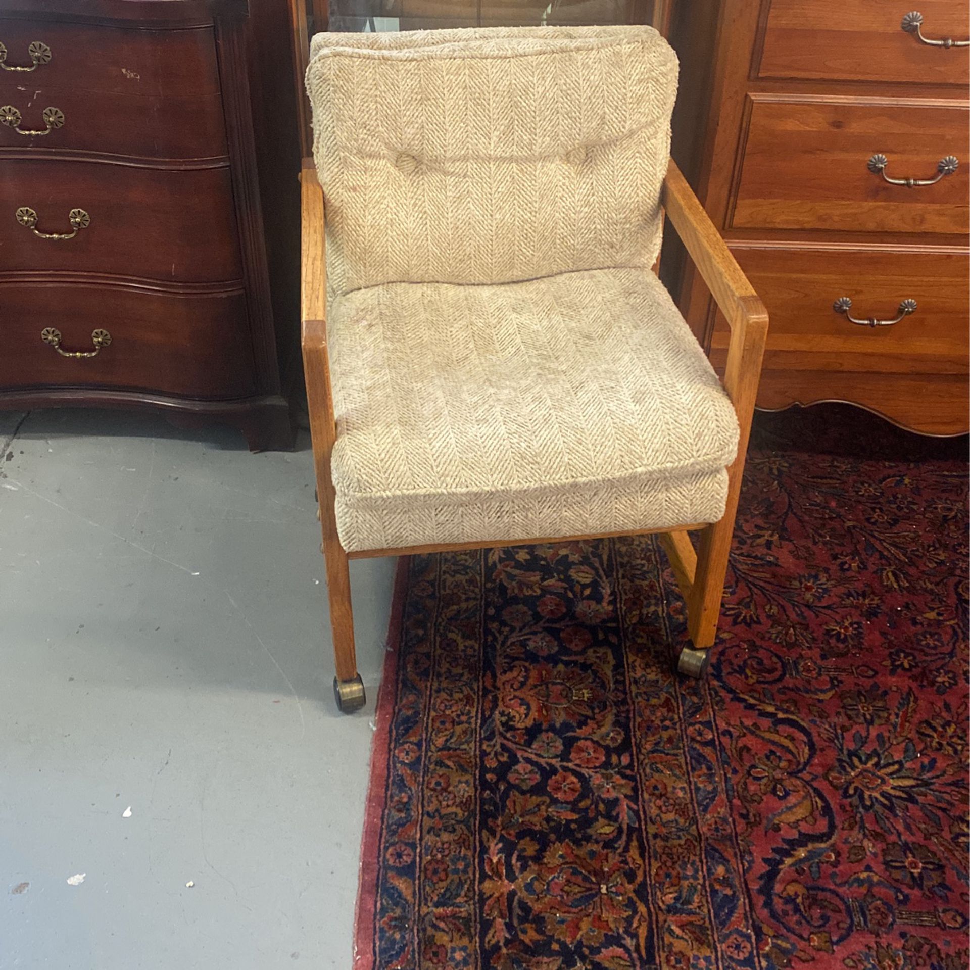 Two  Matching Tan Tweed Mid Century Rolling Chairs