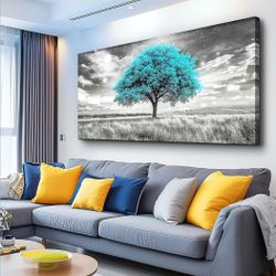 New 24X48” Framed Blue Tree Wall Decor Painting Full Of Stars Black& White Oil Painting Canva