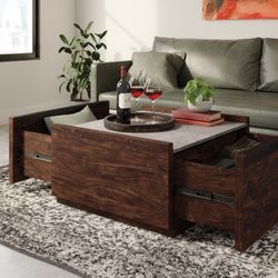 NEW Coffee Table W/ Storage Drawers, Sauder Manhattan Gate Modern Square Coffee Table, Rich Walnut Finish !