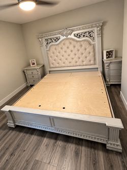 Silver Ornate King Bed Frame with Tufted Headboard