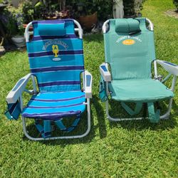2 Tommy Bahama Beach Chairs , Lay Flat , Cooler Zipper Not Working, Lightweight 
