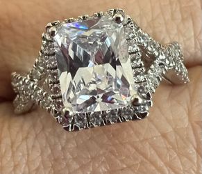💎💍NEW! Size 7 - 925 Sterling Silver Emerald Cut CZ Halo Ring STAMPED ✨ 💎💍