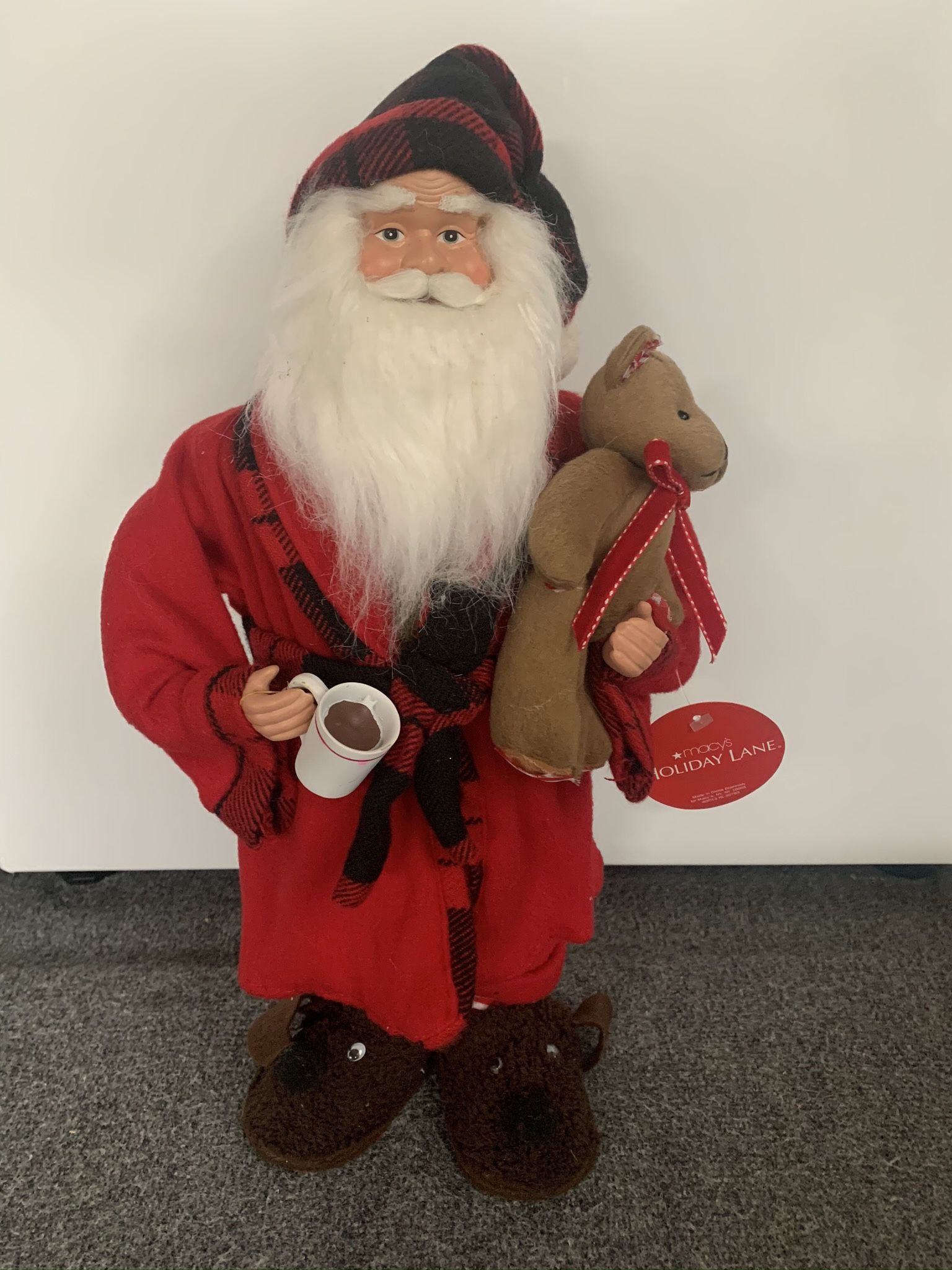 18” PJ Santa with coffee cup.  Excellent condition.  Wearing moose slippers holding a teddy bear.  Asking $30 cash and pick up is in South San Francis