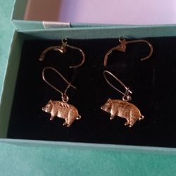 14k Solid Gold Dangle Pig Earrings Very Nice 