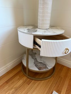 Round Nightstand with Marble Top and Drawer