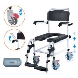 519#Shower Commode Wheelchair with 4 Lockable Wheels, Footrests, Flip-up Arms, 3-Level Adjustable Height, 5L Removable Bucket, 350 LBS Capacity, Commo