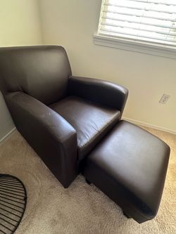 Dark Brown Leather Armchair with Ottoman