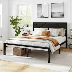 Queen Size Metal Platform Bed Frame with Faux Leather Headboard, Black