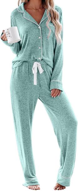 Aamikast Women’s Two Piece Pajama Set (Lake Green/Blue, Large, Never Worn)