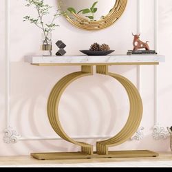 New White Faux Marble Console Table, Geometric Entryway Sofa Table with Gold Metal Base