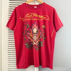 Vintage Y2K Ed Hardy By Christian Audigier  Skull Roses Flames  Graphic T-shirt Sz L