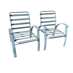 Set of two stackable aluminum outdoor patio pool chairs with horizontal slats light blue