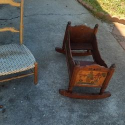Antique Doll Crib And Child Chair