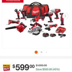 	
M18 18V Lithium-Ion Cordless Combo Kit (10-Tool) with 1 Battery, Charger and (2) Tool Bags