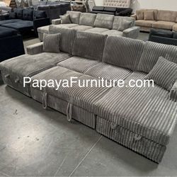 New! 120” Corduroy Sectional Sofa With Pull-out Bed, Sofa Bed, Sectional Couch, Plush Sectional, Sofa, Couch, U-shaped Couch, Large Sectional Sleeper 