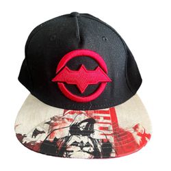 Batman Arkham Knight Video Game Snapback Flat Bill Hat Cap.  Warner Bros Hero Red/White/Black. Batman Symbol in Front Excellent Condition 