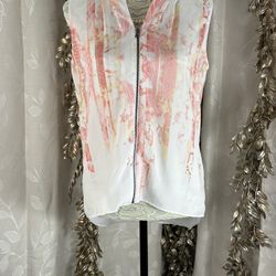 T Tahari Women’s Small Sleeveless Sheer Zip Vest Blouse White Pink Chiffon Retro