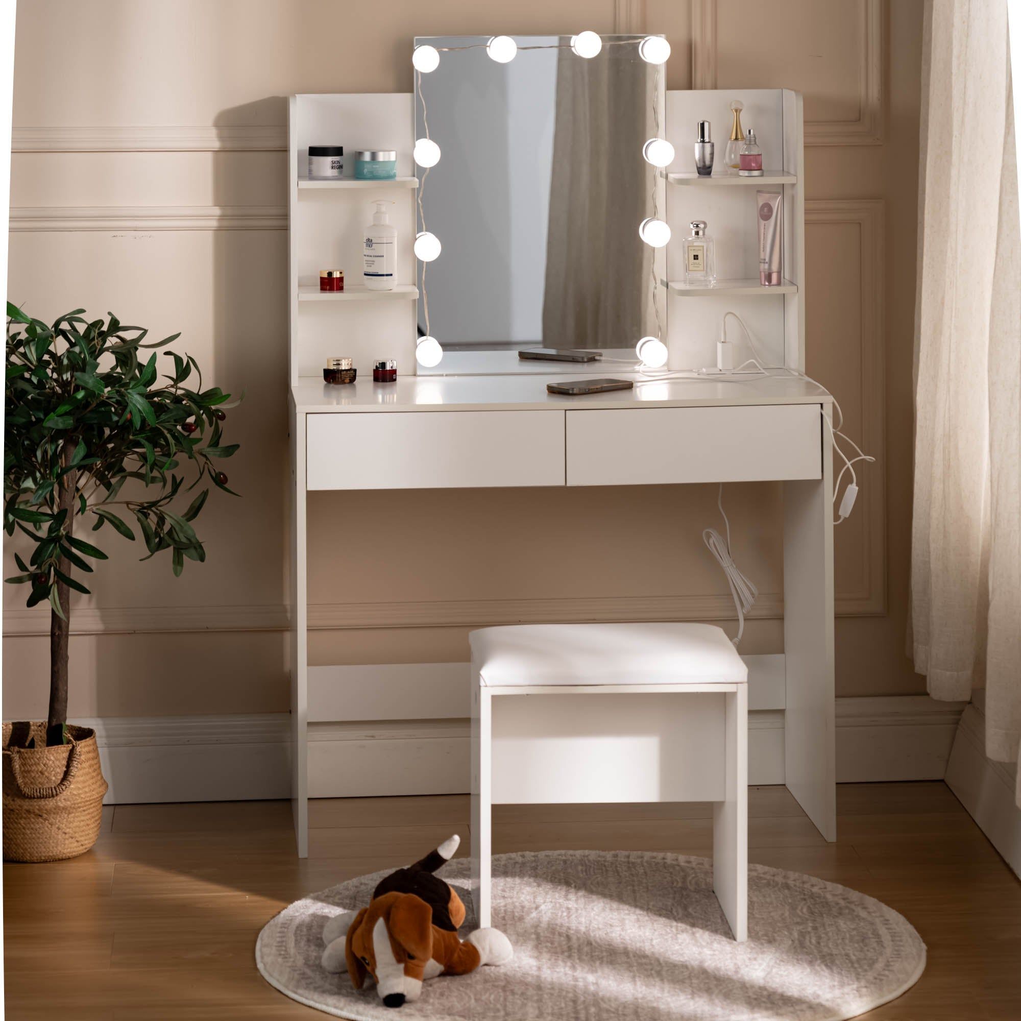 Homy Casa Slan Modern White Vanity Set with 7 Colors LED Mirror and Stool 35.4" Vanity Table LED Makeup Desk Storage Shelves