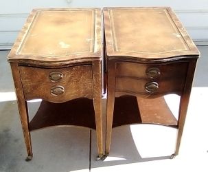 Antique  Inlaid Leather Top End Tables